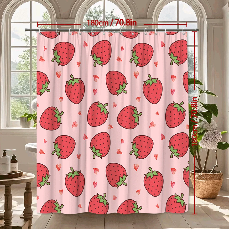 Pink Strawberry Shower Curtain, Cute Fruit Design Washable Bathroom Decor - Image 3 of 4