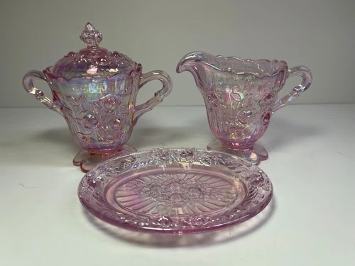 Fenton Art Glass ~ Pink Sugar Bowl with lid and Creamer + Oval Plate / Dish