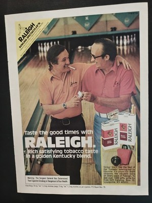 1976 Raleigh Cigarettes Full Page Color Vintage Magazine Ad Bowling Scene
