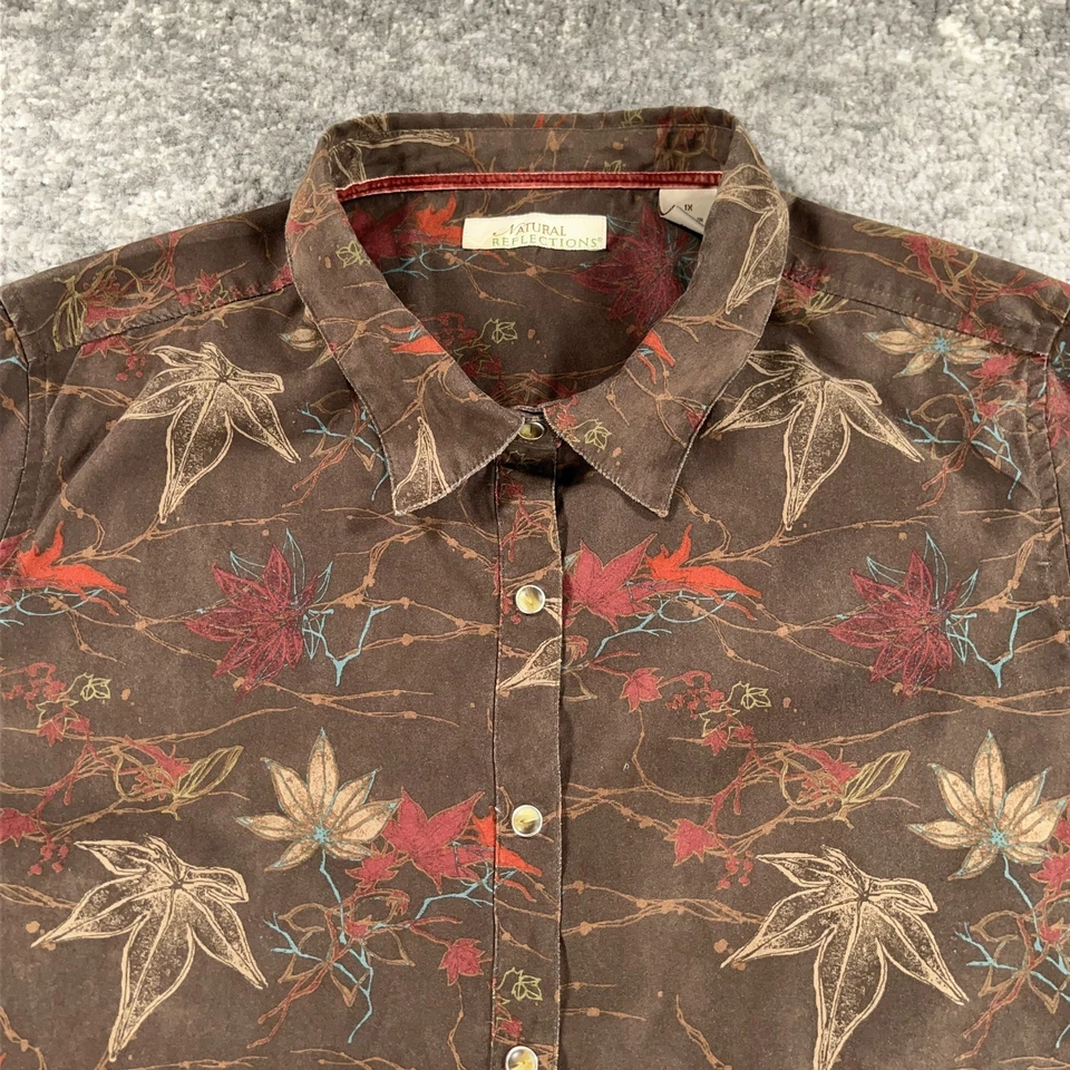 Camisa Occidental Natural Reflections Para Mujer 1X Marrón Otoño Estampado Hoja Perla Snap Foto 2 de 4