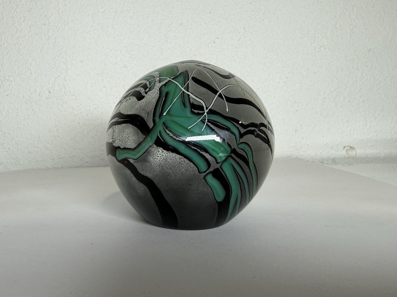 Mark Russell Signed Studio Art Glass Paperweight 4/80 Contemporary Teal Black 4”