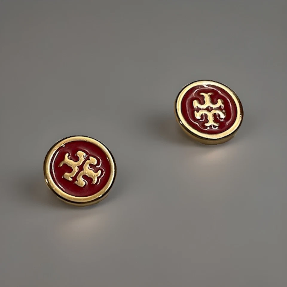 Tory Burch Kira 18K GP Esmalte Rojo Oro Doble T Logo Círculo Aretes $100 Foto 3 de 4