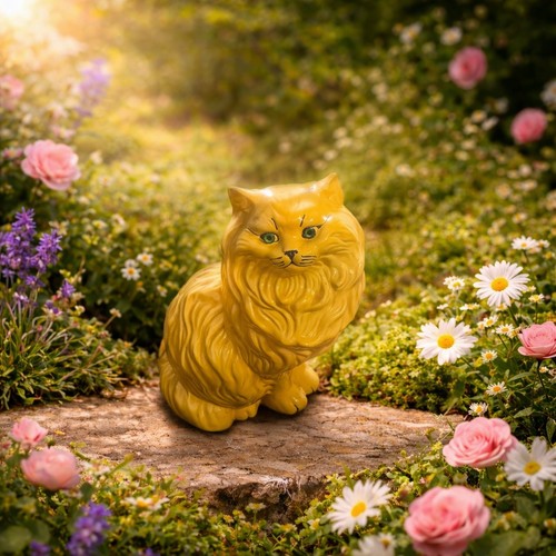 Vintage Yellow  Ceramic Persian Cat statue Home/Garden decor Cat 13"