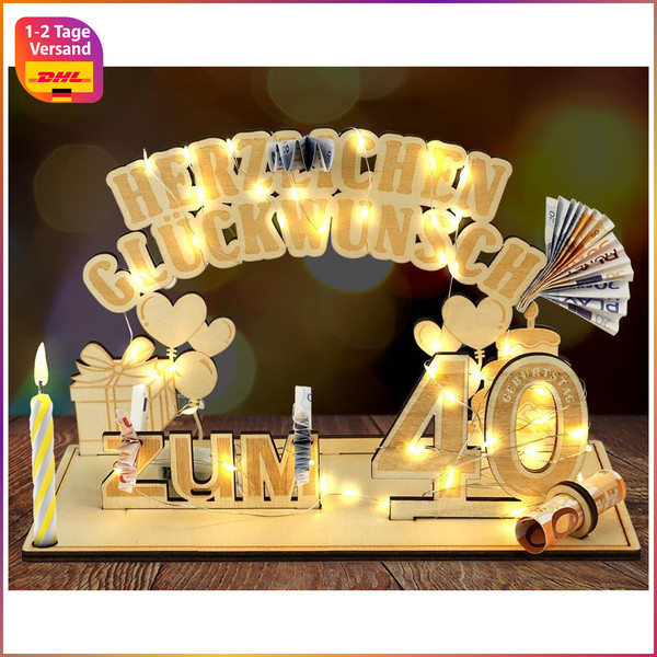Holz Schild GäStebuch 40 Geburtstag Mit LED Lichterkette StäNder Deko Geschenk-image