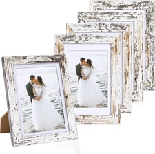 4X6 Picture Frames Set of 5 with Distressed White Wood Grain and HD Real Glass C
