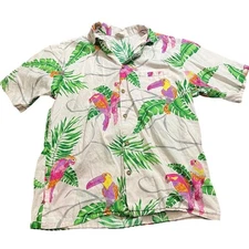 Vintage Barefoot in Paradise Mens Hawaiian Shirt Toucan Bird Cotton Medium