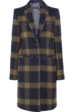 Joseph Navy And Tan Wool Knee-length Coat With Notch Lapel Plaid Pattern Sz 38