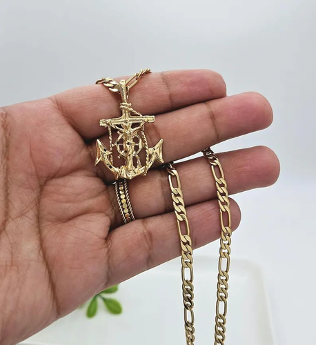 Ciondolo Crocifisso Ancora Oro con Catena Figaro Tonda 4mm, Oro Placcato Pesante 14k - Foto 9 di 12