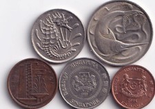 Five Singapore coins, 1, 5, and 10 cents, 1967- 1995, swordfish