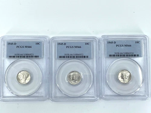 LOOK----3- 1945-D PCGS MS -66, Silver Mercury Head Dimes