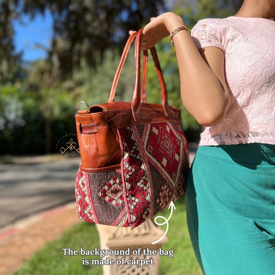 Medium Brown Genuine Leather Shoulder Bag – Handmade Leather & Orange Carpet Bag - Image 4 of 4