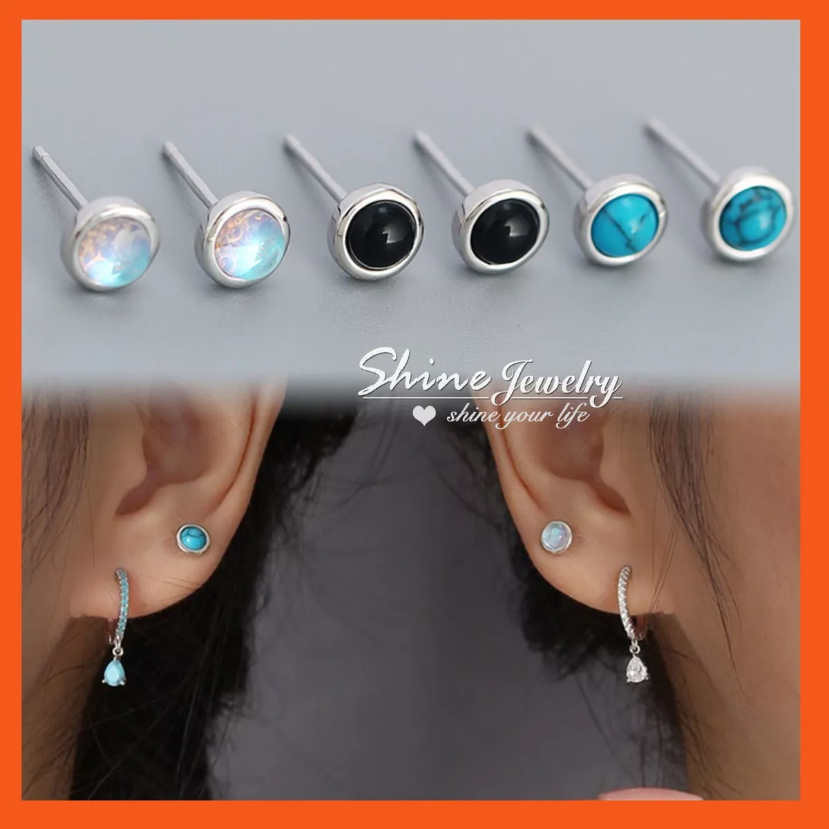 925 STERLING SILVER LADY MENS TURQUOISE MOONSTONE BLACK 5mm ROUND