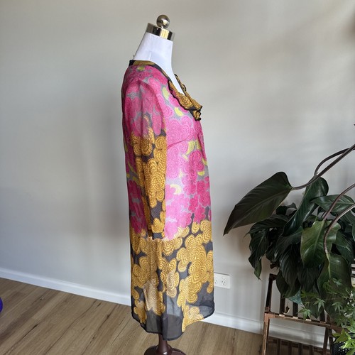 Loobies Story NZ Sheer Dress 100% Silk Multicolored Floral 3/4 Sleeve Size 10 - Picture 5 of 10