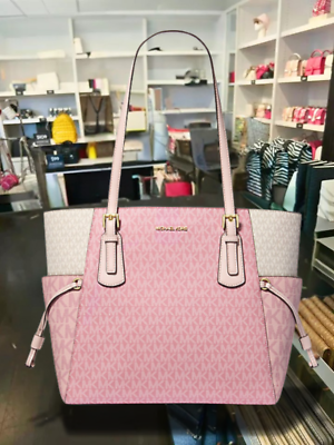 Michael Kors Voyager Large Pink Mk Signature Tote Shoulder Bag