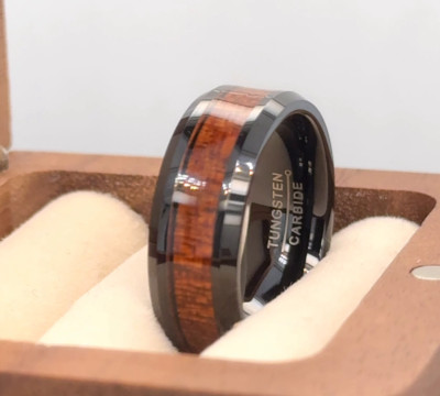Brown Wood Inlay Ring Sleek Black Tungsten Proposal Band Gift Ring For Women