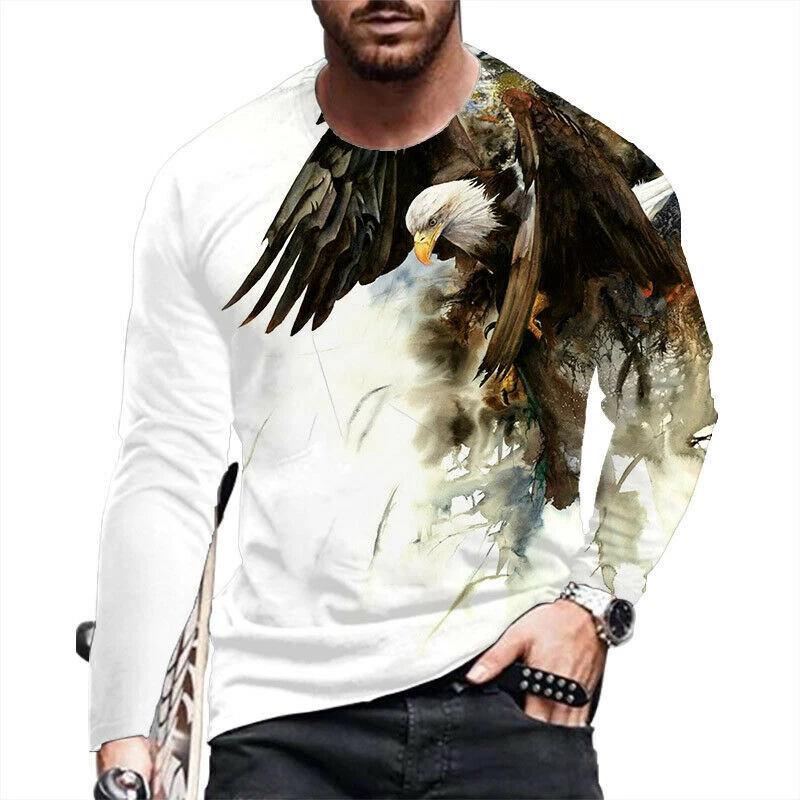 T Shirt Men American Eagle White T-Shirt Long Sleeve Casual Streetwear Silky Tee