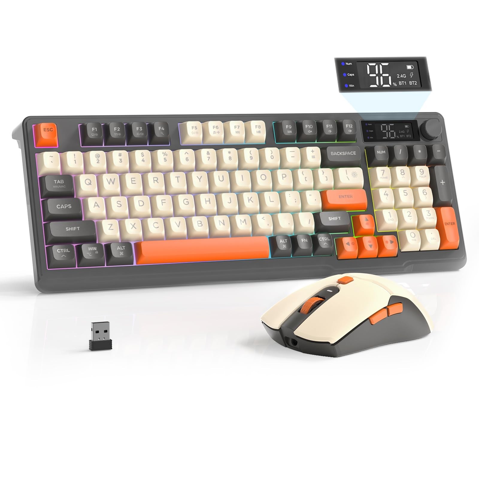Clavier et souris sans fil T96 Bluetooth 2,4G touches PBT pour PC portable et tablette Windows