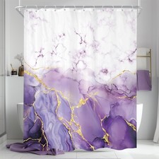 Purple Marble 60Wx72H Shower Curtain Abstract Lilac Gold Cracked Lines Modern