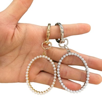 Unique Pearls Circle Key Charm Round Frame Keychain for Fashionable Women Girls