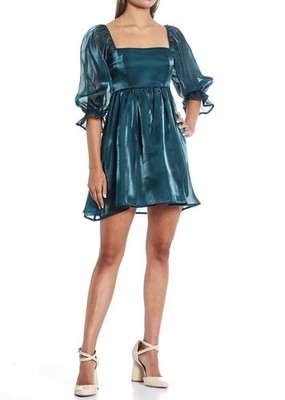 NWT Thirty Thirty LA Puff-Sleeve Square-Neck Fit and Flare Teal Dress Size Large