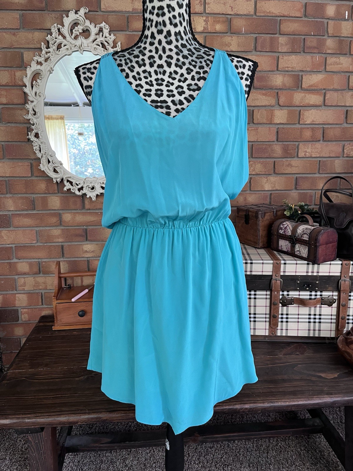 Rory Beca Y2K Teal (L) Scoop Neck Sleeveless Silk Mini Dress Fringe Racerback
