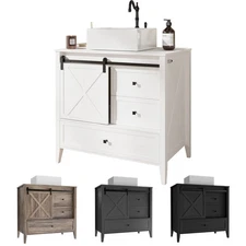 36" Bathroom Vanity w/ Sink Ceramic Freestanding Cabinet Sliding Barn Door Wood