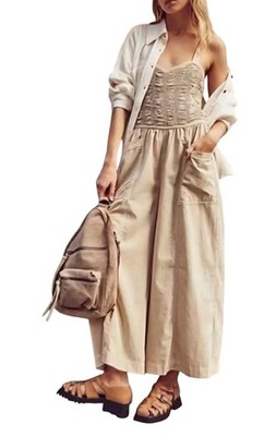 Free People Forever Always Cotton Wide Leg Jumpsuit in Beached Sand Size M