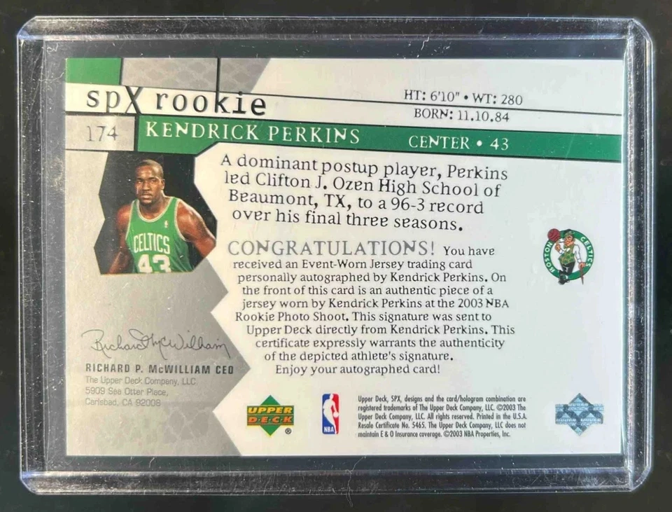 Camiseta deportiva SPx Kendrick Perkins 2003-04 novato radiocontrol automática #753/1999 Celtics Foto 2 de 2