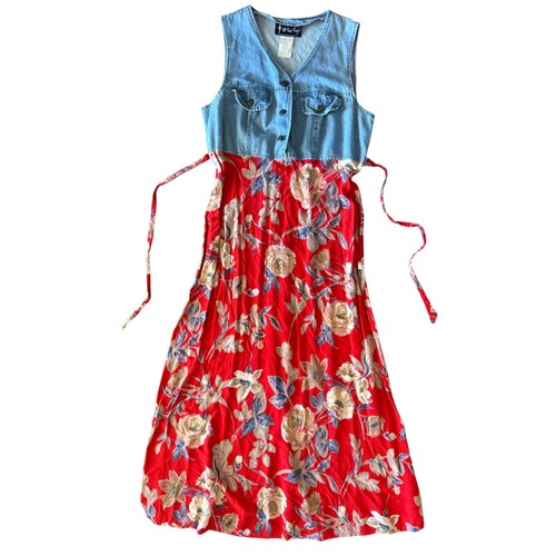 Abito vintage anni 90 cottage core denim gilet floreale prateria scuola insegnante Phoebe