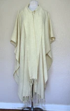 Vintage Cape Coat Poncho Beige Wool Fringe Hem Attached Scarf OS Women