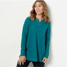 LOGO Lori Goldstein Cloud Waffle Split Neck Top-Mallard Green Women's Size Large