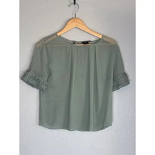 Y2K Moda International Sheer Short Sleeve Silk Top XS Ruffle Sage Green Career