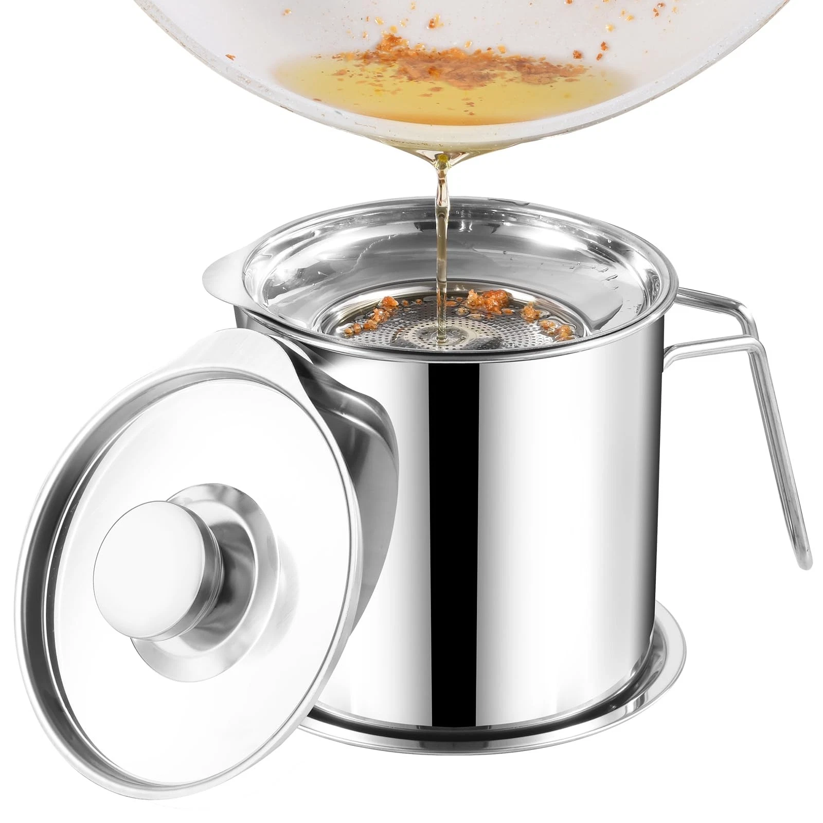 61oz Stainless Steel Bacon Grease Container w/ Fine Mesh Strainer for Frying Oil