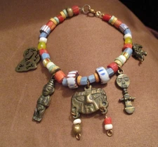 vintage African bead Charm BRACELET tribal art glass beads Trade Beads & brass