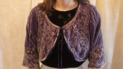 Vintage 90s Whimsigoth Purple Velvet Embroidered Bolero / Shrug Size M