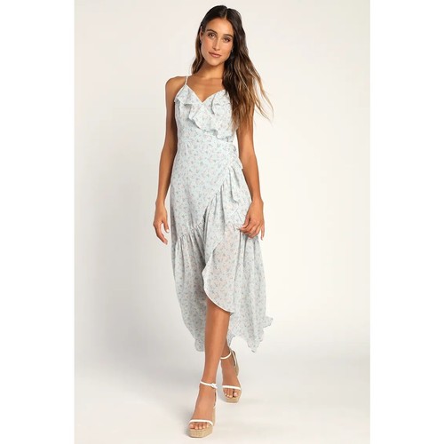 NWT Lulu’s Dainty Delights Light Blue Floral Print Ruffled Wrap Midi Dres SMALL