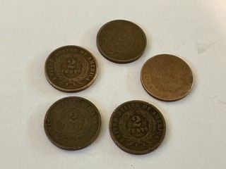 Five 2 cent nickels dated 1865