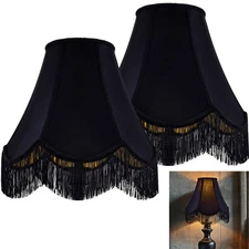 Black Silk Bell Lamp Shades Set of 2 -Petal Edge Braid with Black Fringe Trim...
