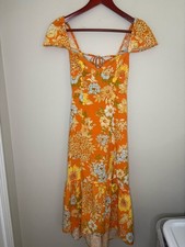 Urban Outfitters XS Orange Floral Lace-Up Back Midi Dress Boho