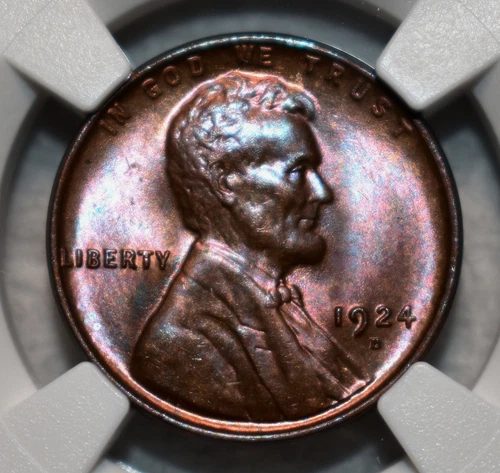 NGC MS-64 BN 1924-D Lincoln Cent, Beautifully Toned, Cartwheeling, Scarce Date!