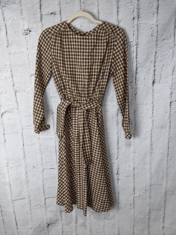 Vestido midi vintage de lana marrón a cuadros manga larga forrado talla XS Foto 3 de 4