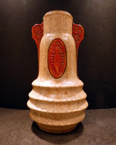 Vintage Czechoslovakian Erphila Gold Marbelize Vase with Red Design - 10" - Picture 3 of 8