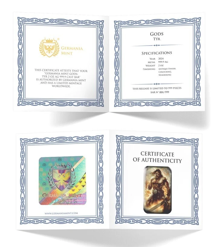 Gods Götter Tyr 2 oz Silberbarren Gussbarren Germania Mint - Bild 3 von 4