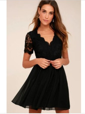LULUS Black Lace Womens Mini Skater Dress XS Angel Disguise Cocktail Party V-Nec
