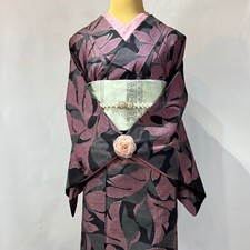 Kimono japanese Dull pink and black pongee Tsumugi design elegant