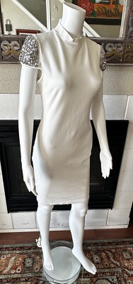 Sequin Embellished Cap Sleeves White Jersey Knit Mini Dress Size Large