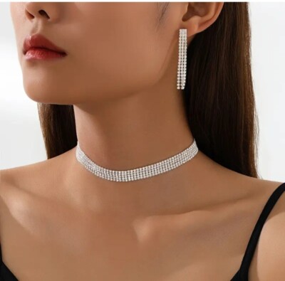 Versilbert Voll Strass Europäische Braut Chocker Set Halskette & Ohrring