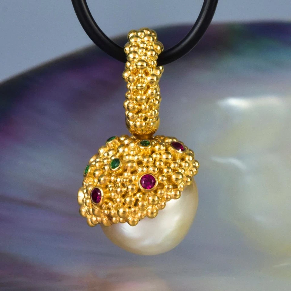 Gigantische South Sea Pearl Pendant,Gold Vermeil Sterling,Rosa & Smaragd 10.92g - Bild 2 von 4