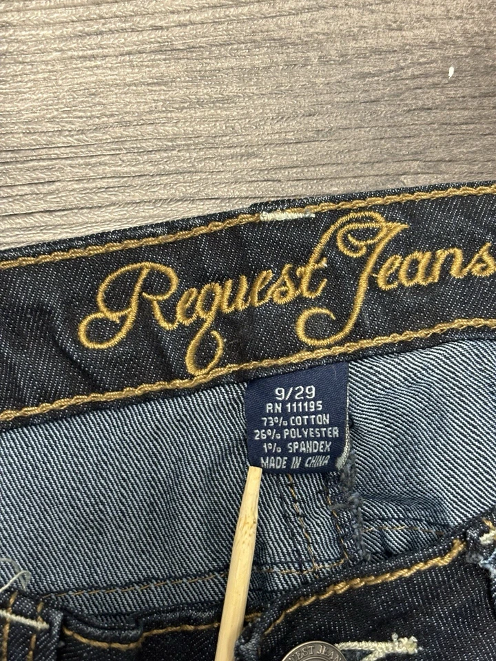 Pantalones de mezclilla para mujer Request 7 azul corte bootcut desgastado bordado 27x28 Foto 3 de 4