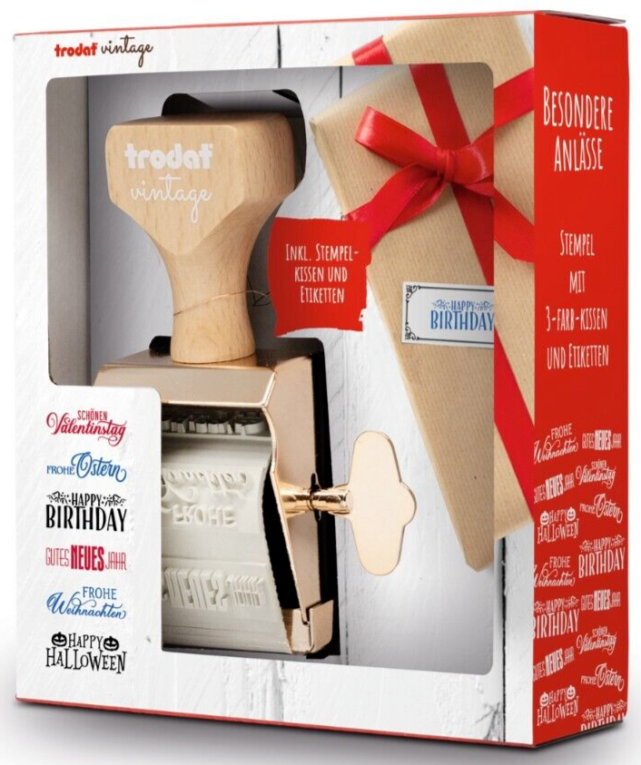 Trodat® Vintage Stempel Set ""Besondere Anlässe"" 6 vers. Texte 3 Farbkissen inkl.
